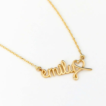 Handwriting Name Necklace with Heart in 14K Solid Gold