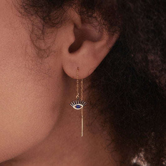 Sapphire Evil Eye Threader Earrings in 14K Solid Gold