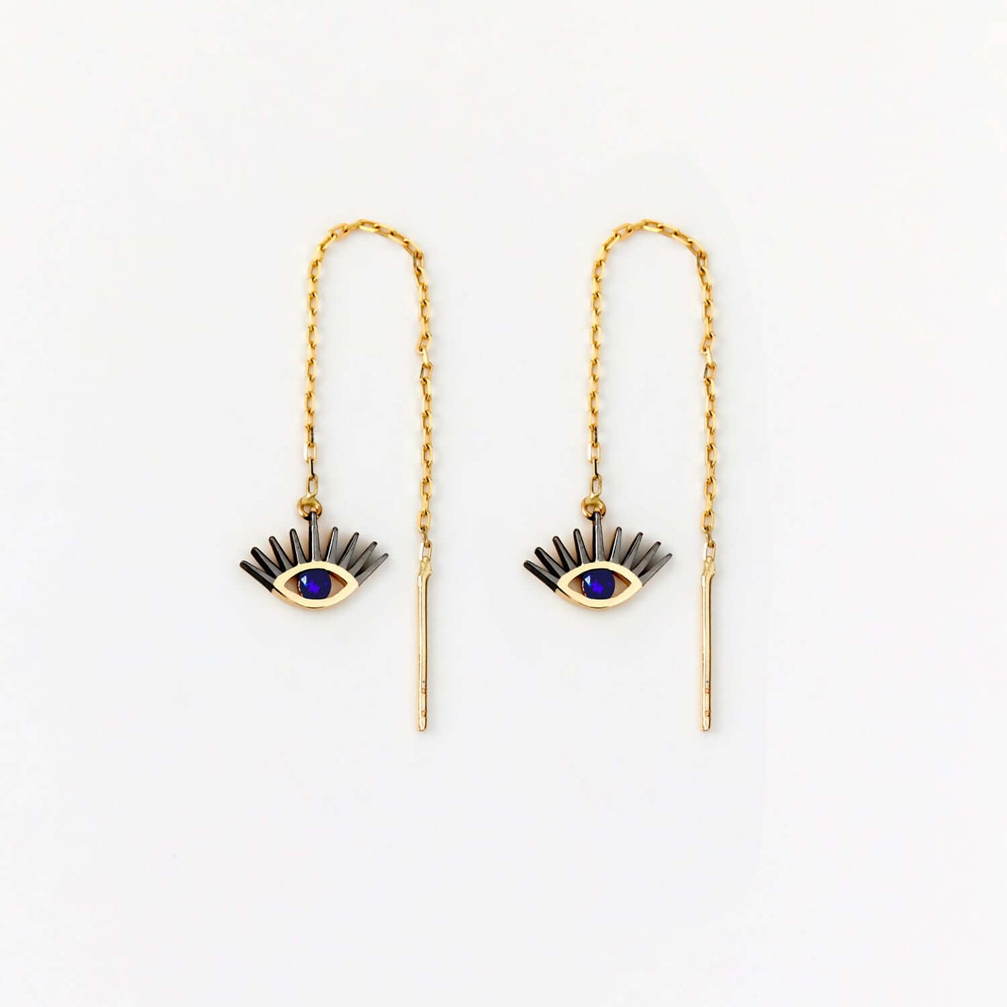 Sapphire Evil Eye Threader Earrings in 14K Solid Gold