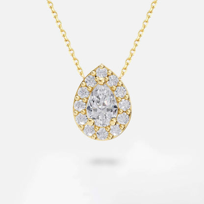 Custom Diamond Pear Gemstone Halo Necklace in 14K Solid Gold