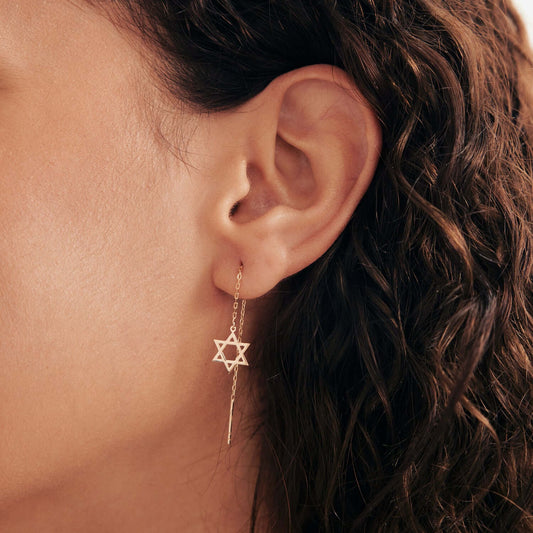 Star of David Threader Earrings in 14K Solid Gold