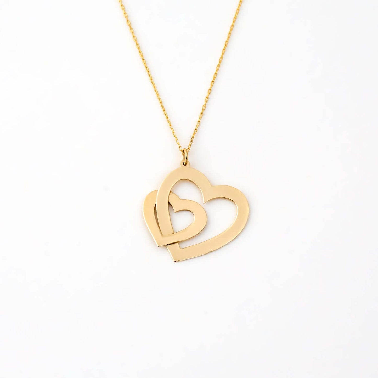 Engravable Double Heart Necklace in 14K Solid Gold