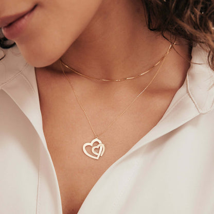 Engravable Double Heart Necklace in 14K Solid Gold