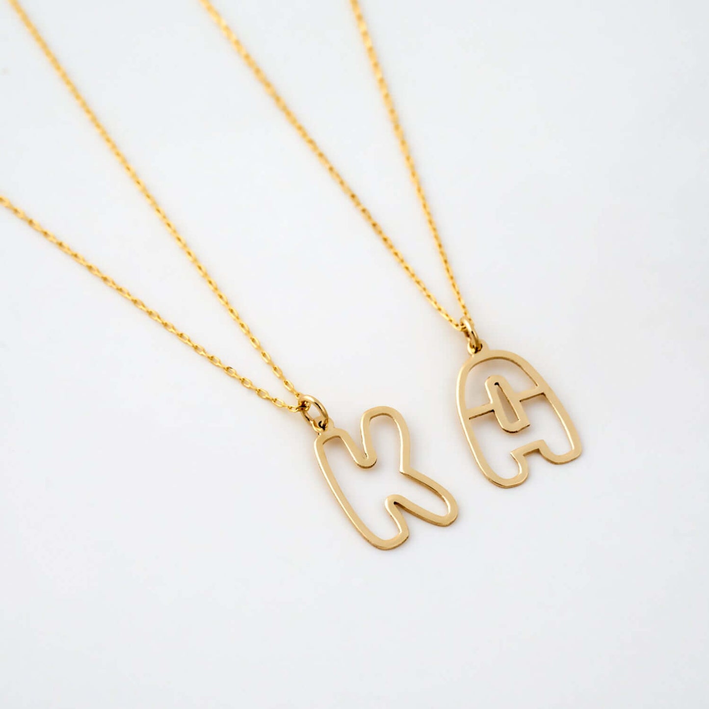 Cut-Out Bubble Initial Necklace in 14K Solid Gold (A to Z, All Letters Available)