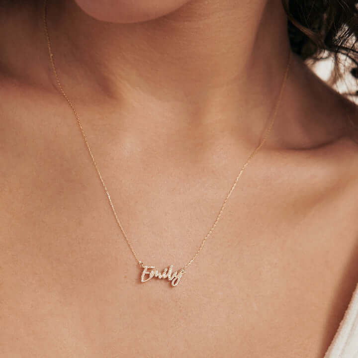 Diamond Script Name Necklace in 14K Solid Gold