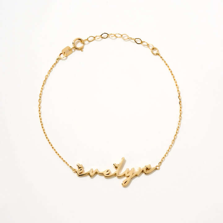 Cursive Name Bracelet with Hearts in 14K Solid Gold