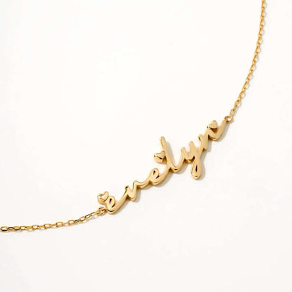 Cursive Name Bracelet with Hearts in 14K Solid Gold