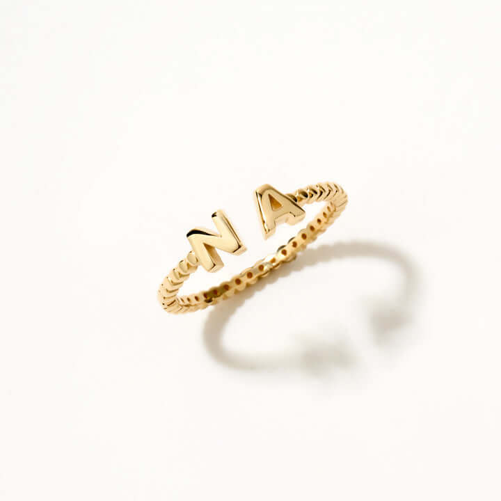 Double Initial Bead Ring in 14K Solid Gold