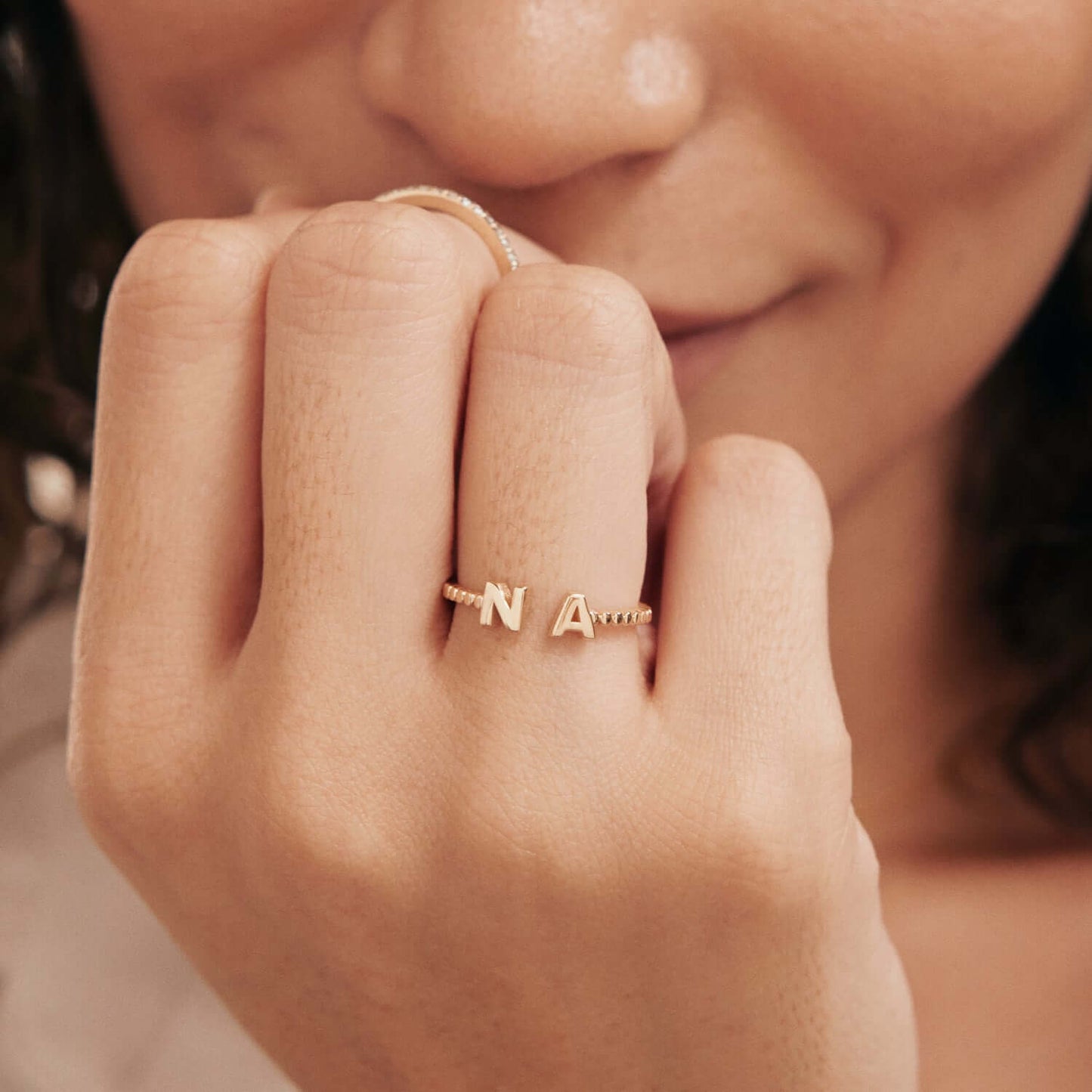 Double Initial Bead Ring in 14K Solid Gold