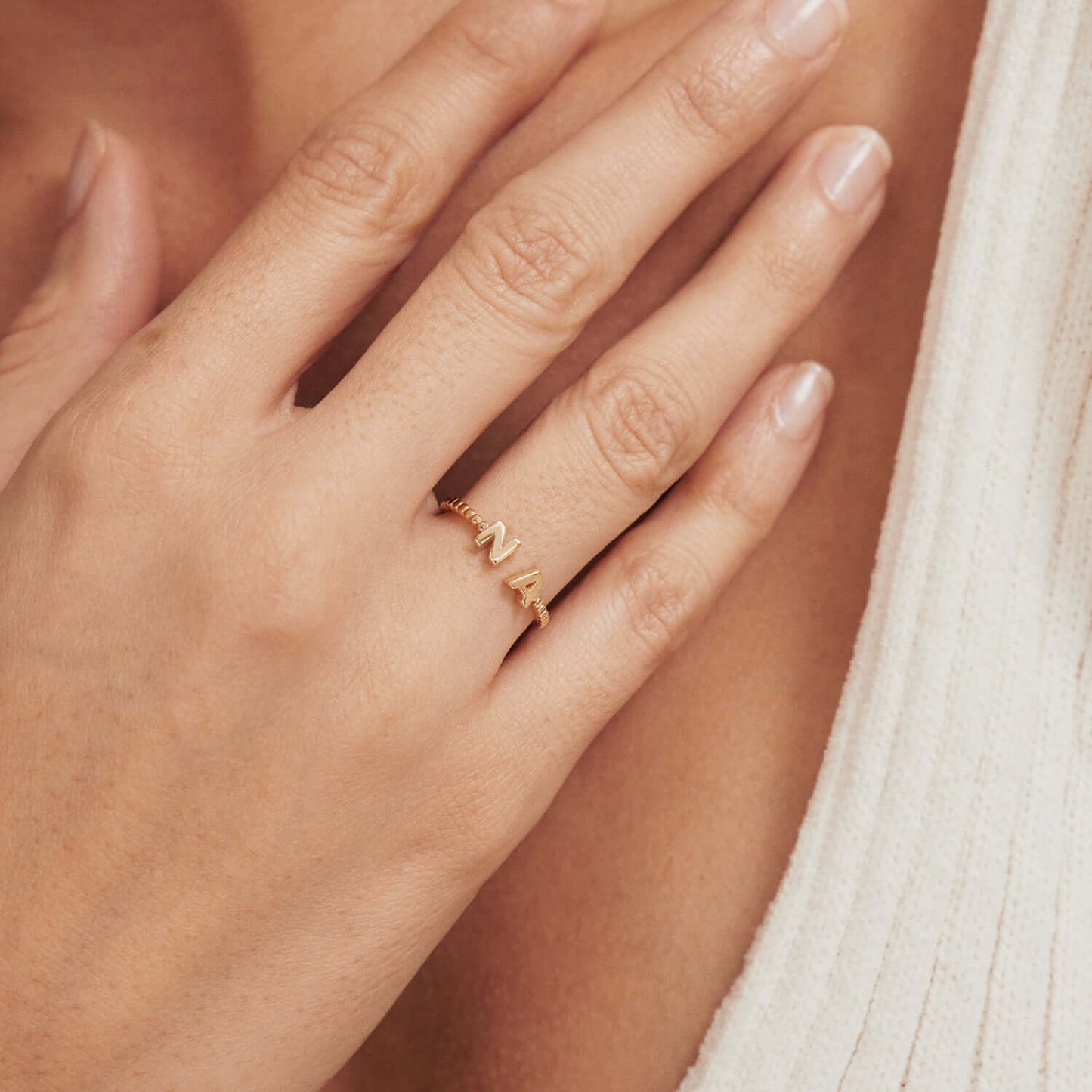 Double Initial Bead Ring in 14K Solid Gold