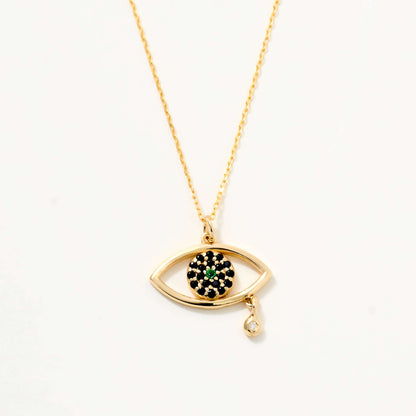 Evil Eye Necklace with Drop CZ in 14K Solid Gold