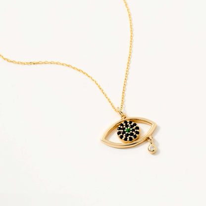 Evil Eye Necklace with Drop CZ in 14K Solid Gold