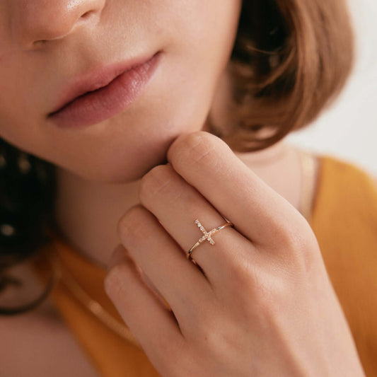 Diamond Cross Ring in 14k Solid Gold