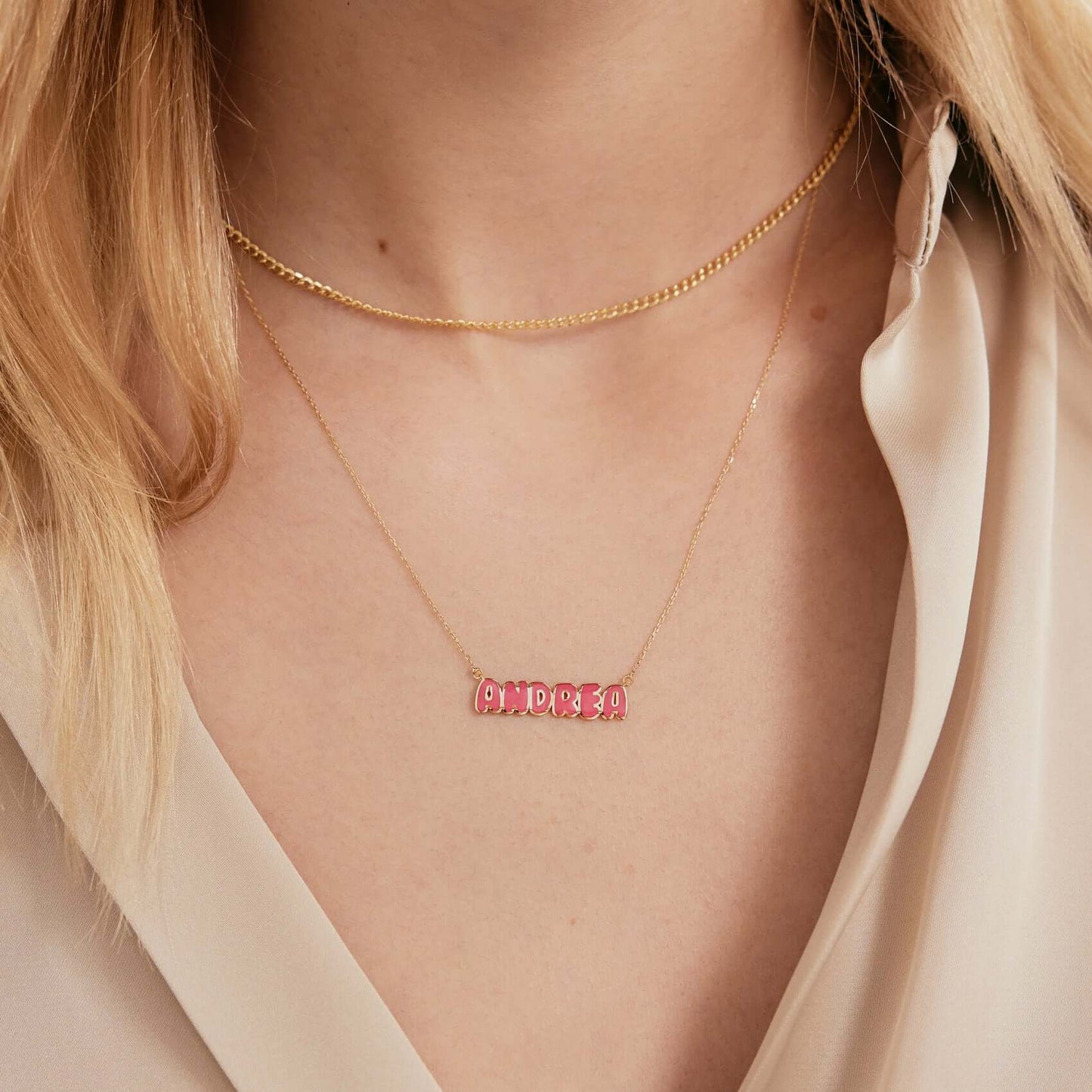 Custom Enamel Bubble Name Necklace in 14K Solid Gold