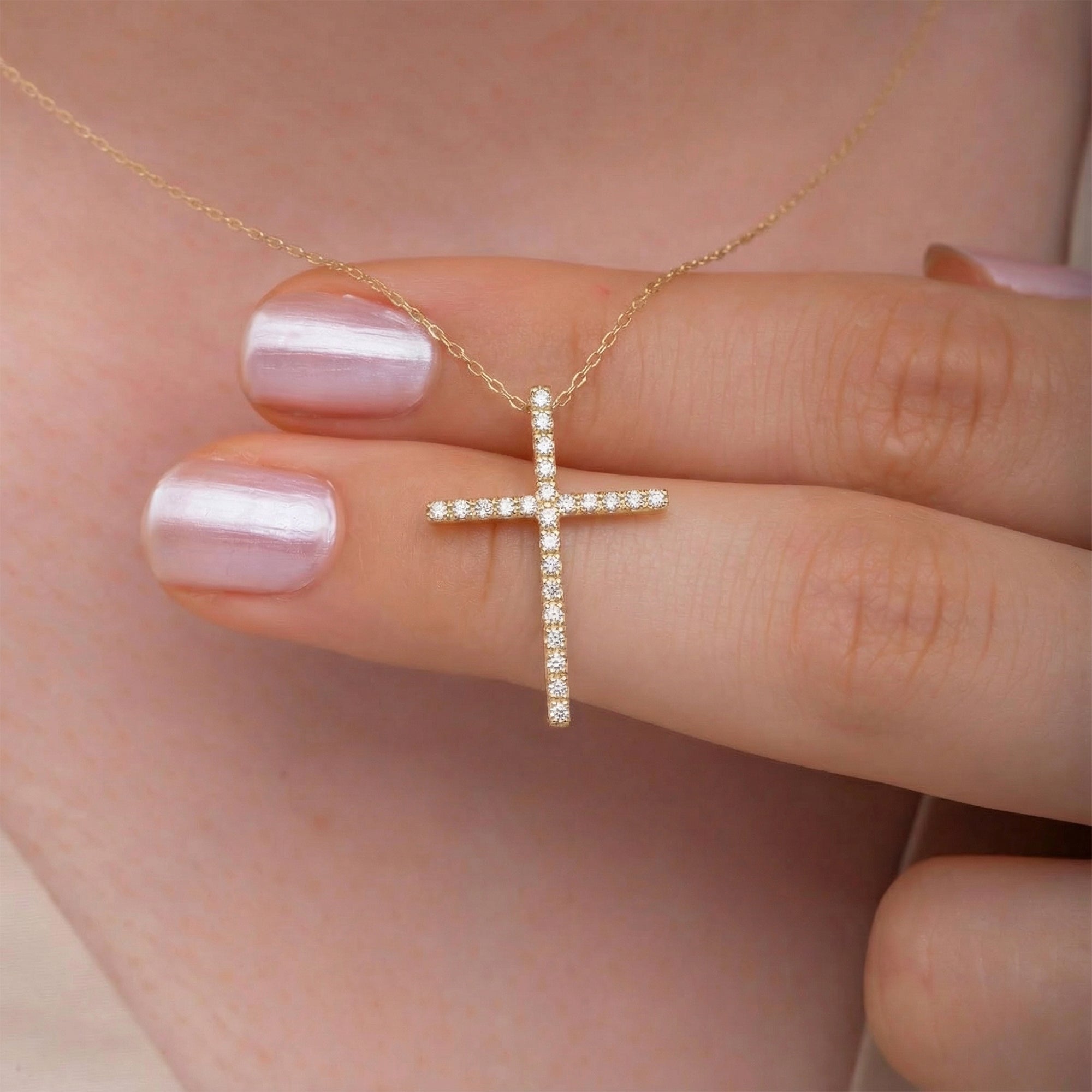 Gelin Diamond Pave Thin Cross Necklace in 14K Gold