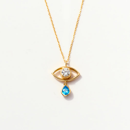 Evil Eye Birthstone Teardrop Necklace in 14K Solid Gold