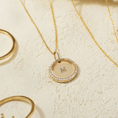 Diamond Engravable Disc Necklace in 14K Solid Gold