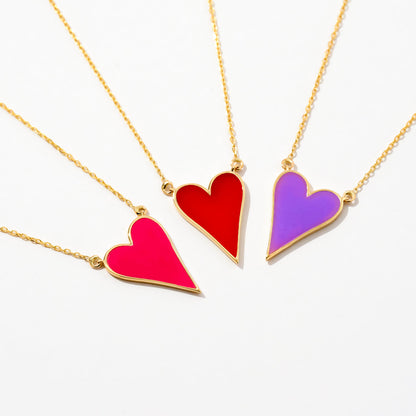 Enamel Long Heart Necklace in 14K Solid Gold