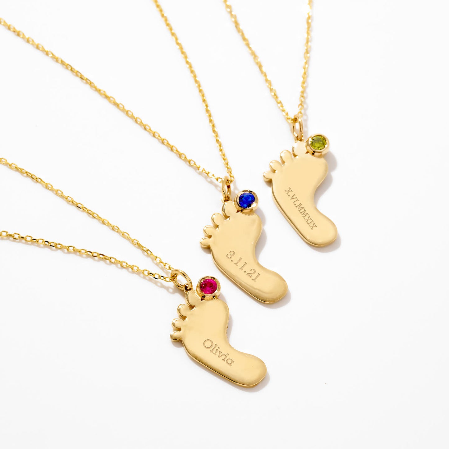 Engravable Birthstone Footprint Necklace in 14K Solid Gold