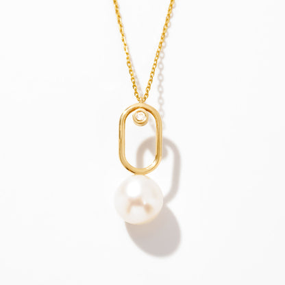 Diamond Paperclip Pearl Necklace in 14K Solid Gold