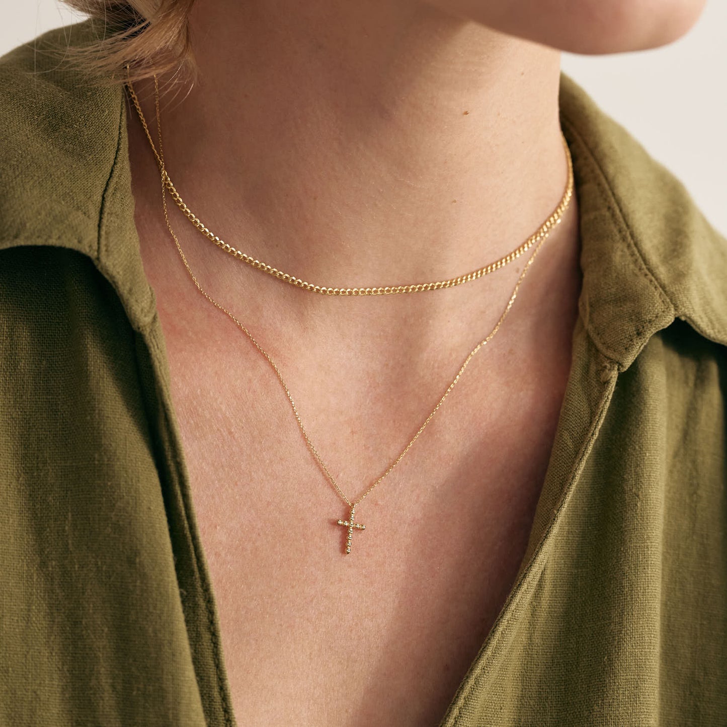 Beaded Cross Pendant Necklace in 14K Solid Gold