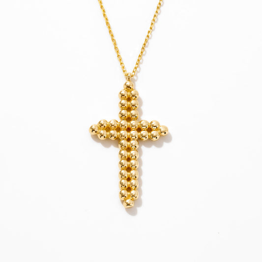 Beaded Cross Necklace in 14K Solid Gold