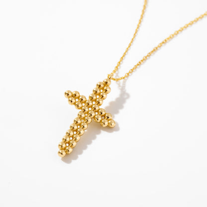 Beaded Cross Necklace in 14K Solid Gold