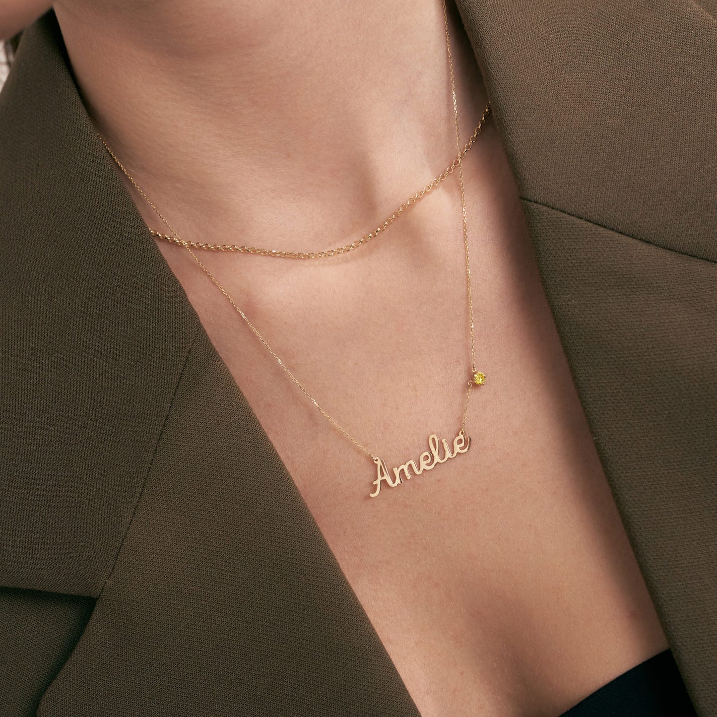 Carrie Name Necklace with Birthstone in 14k Solid Gold