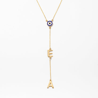 Two Initial Evil Eye Y-Necklace in 14k Solid Gold