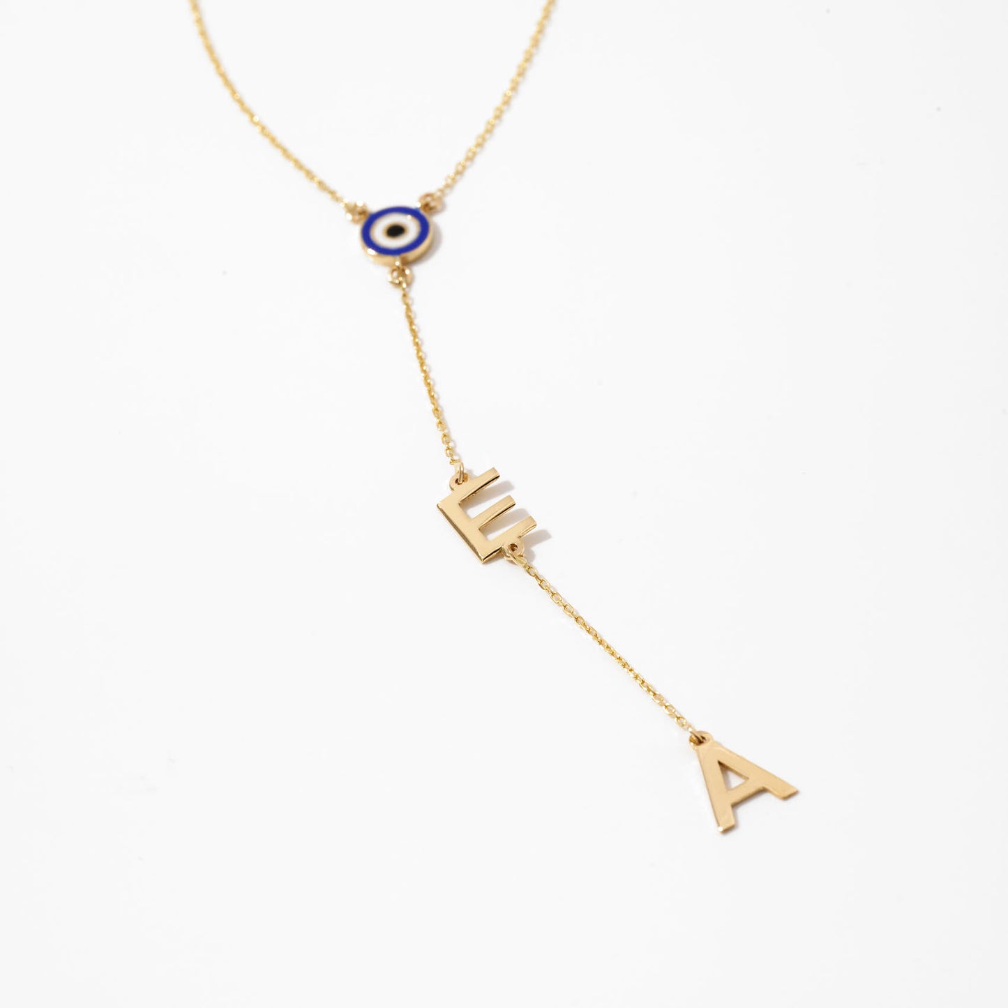 Two Initial Evil Eye Y-Necklace in 14k Solid Gold