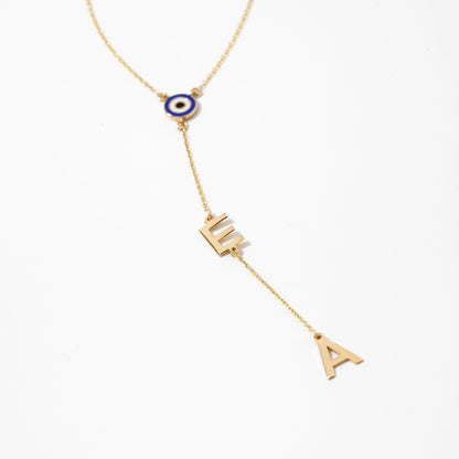 Two Initial Evil Eye Y-Necklace in 14k Solid Gold