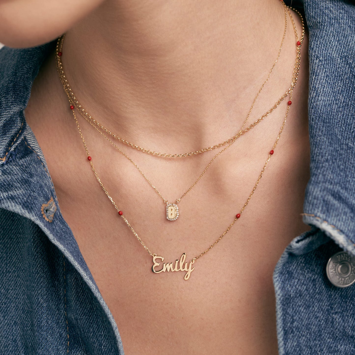 Carrie Name Necklace with Enamel Chain in 14k Solid Gold