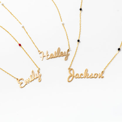 Carrie Name Necklace with Enamel Chain in 14k Solid Gold