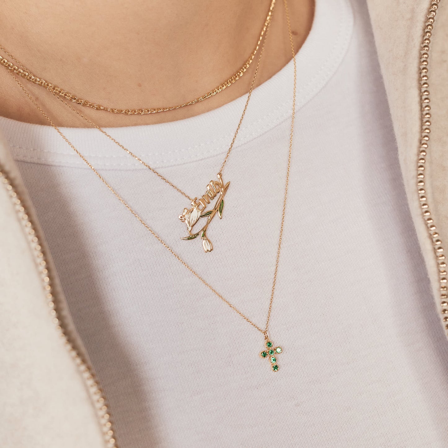 Emerald Cross Necklace in 14k Solid Gold