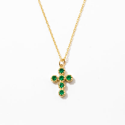 Emerald Cross Necklace in 14k Solid Gold