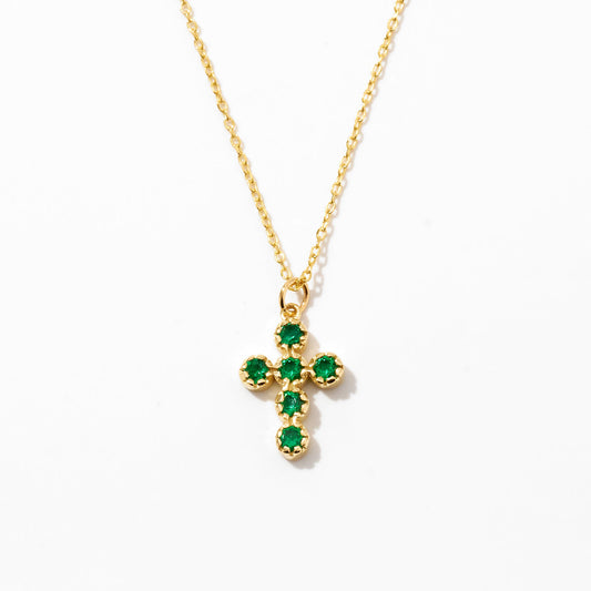 Emerald Cross Necklace in 14k Solid Gold