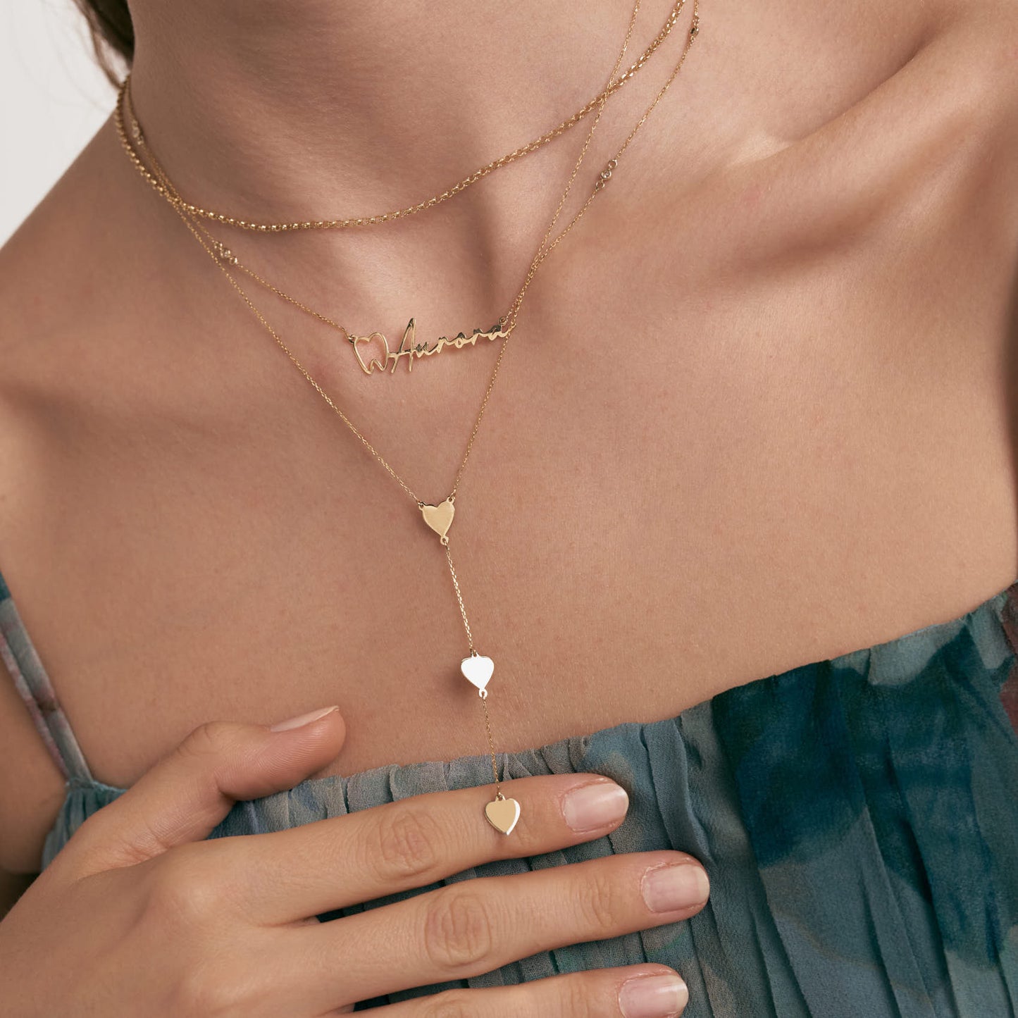 Three Heart Y-Necklace in 14k Solid Gold