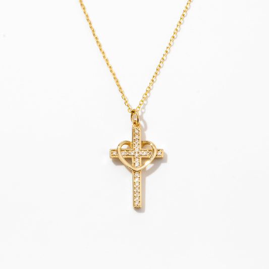 Diamond Heart Cross Necklace in 14k Solid Gold