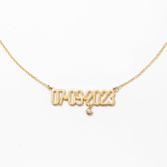 Date Necklace with Diamond in 14k Solid Gold