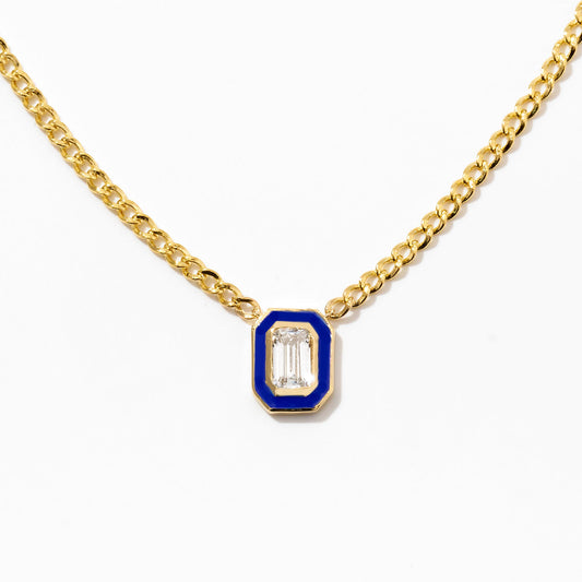 Emerald Cut Solitaire Necklace with Enamel Outline