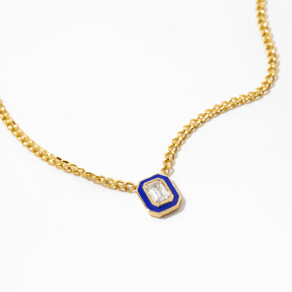 Emerald Cut Solitaire Necklace with Enamel Outline in 14k Solid Gold