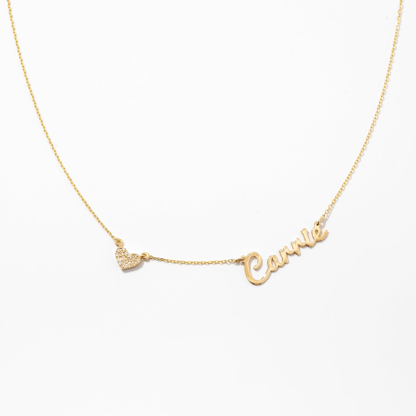 Diamond Carrie Name Necklace with Heart Charm in 14k Solid Gold