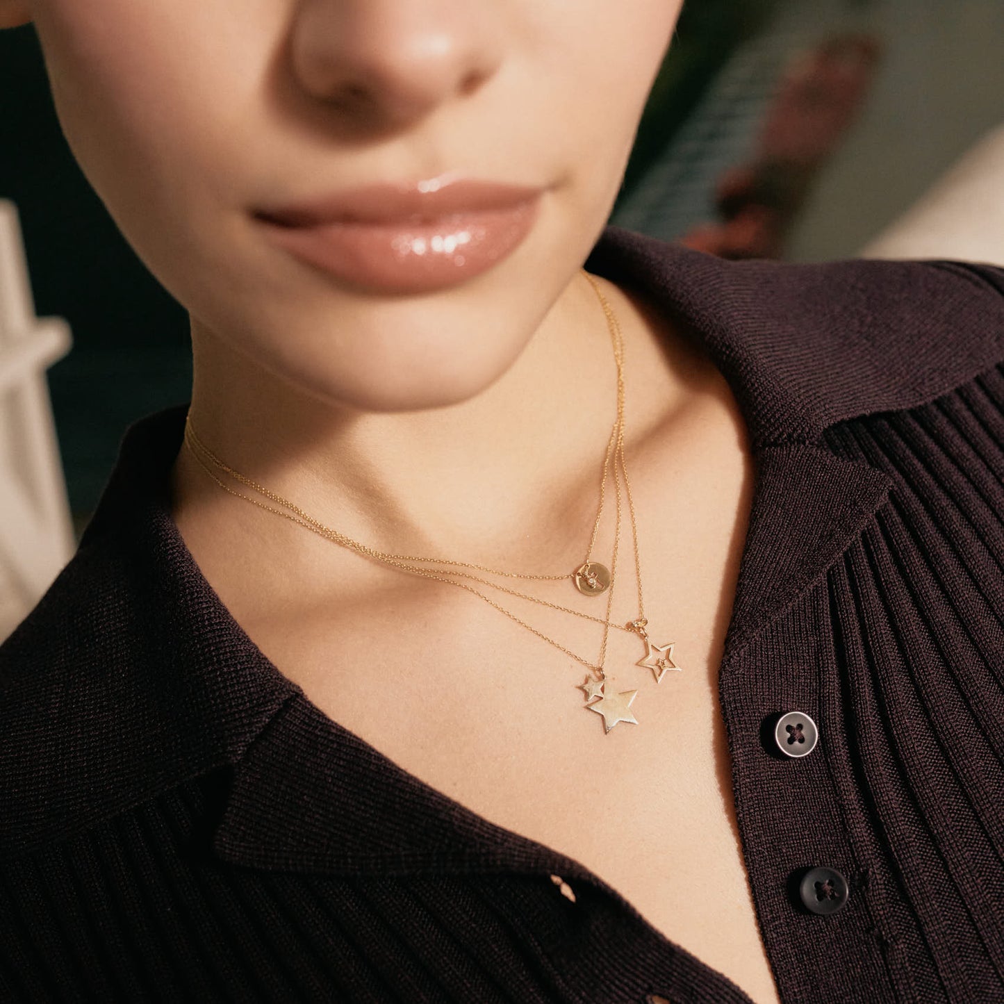 Tiny Two Star with Diamond Necklace in 14k Solid Gold