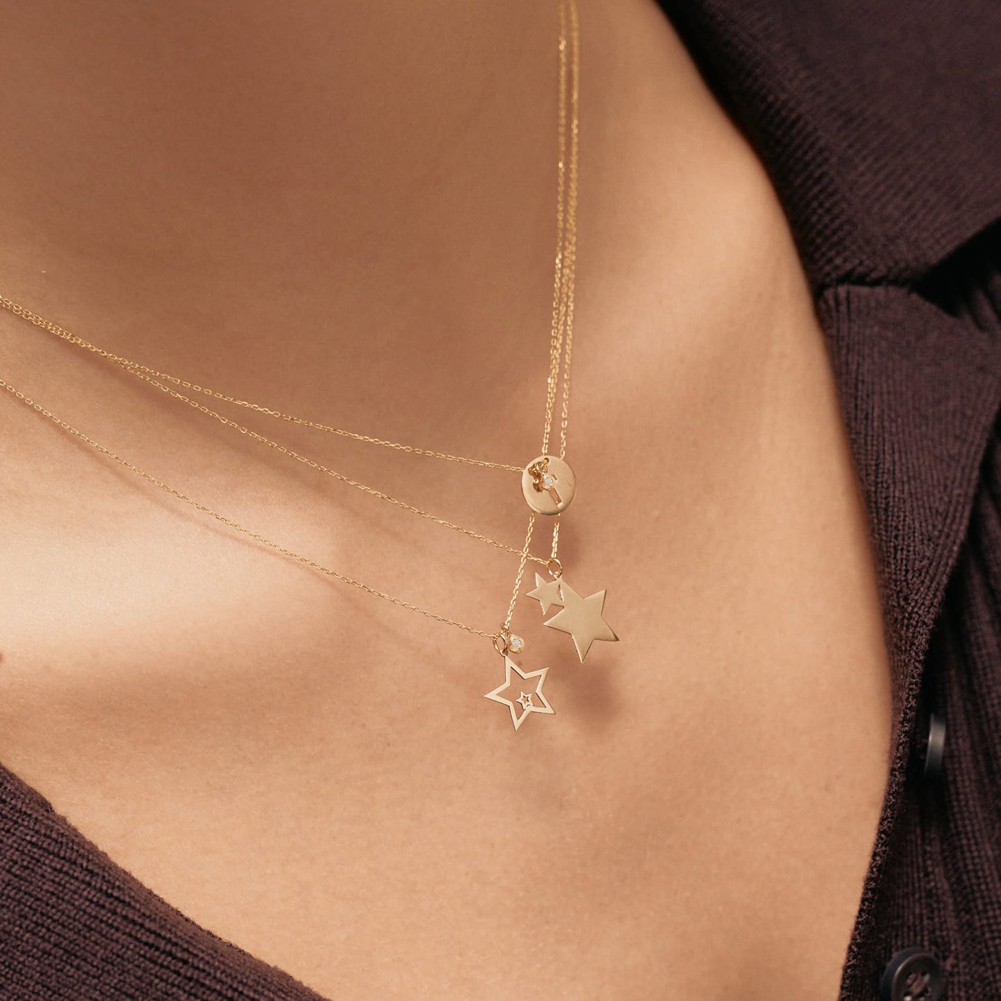 Tiny Two Star with Diamond Necklace in 14k Solid Gold