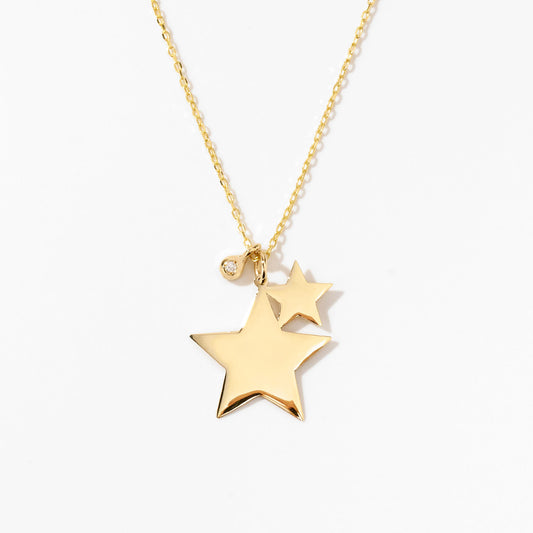 Tiny Two Star with Diamond Necklace in 14k Solid Gold