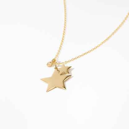 Tiny Two Star with Diamond Necklace in 14k Solid Gold