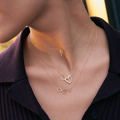 Intertwined Two Heart Necklace with Diamond in 14k Solid Gold