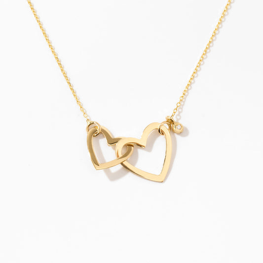 Intertwined Two Heart Necklace with Diamond in 14k Solid Gold