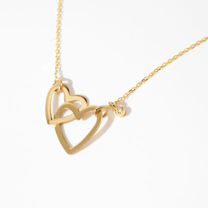 Intertwined Two Heart Necklace with Diamond in 14k Solid Gold