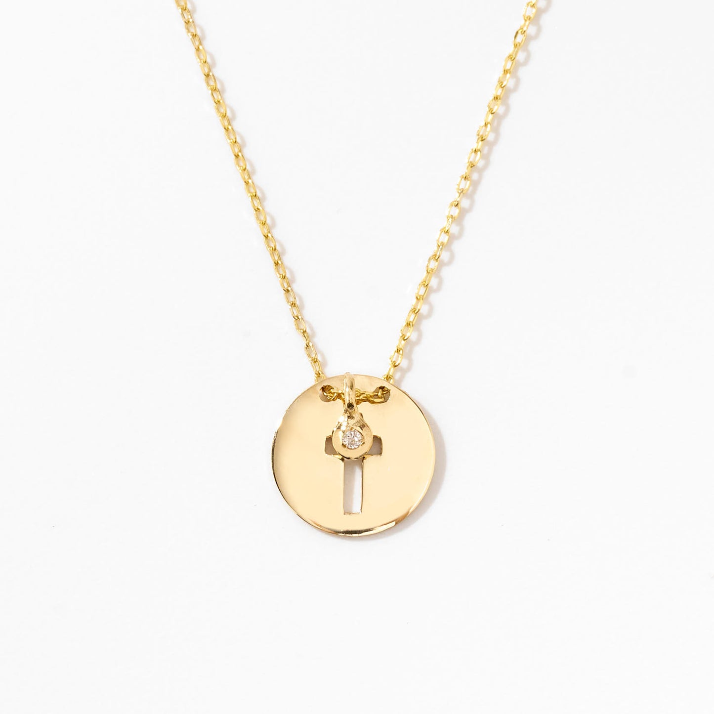 Tiny Diamond Disc Cross Necklace in 14k Solid Gold